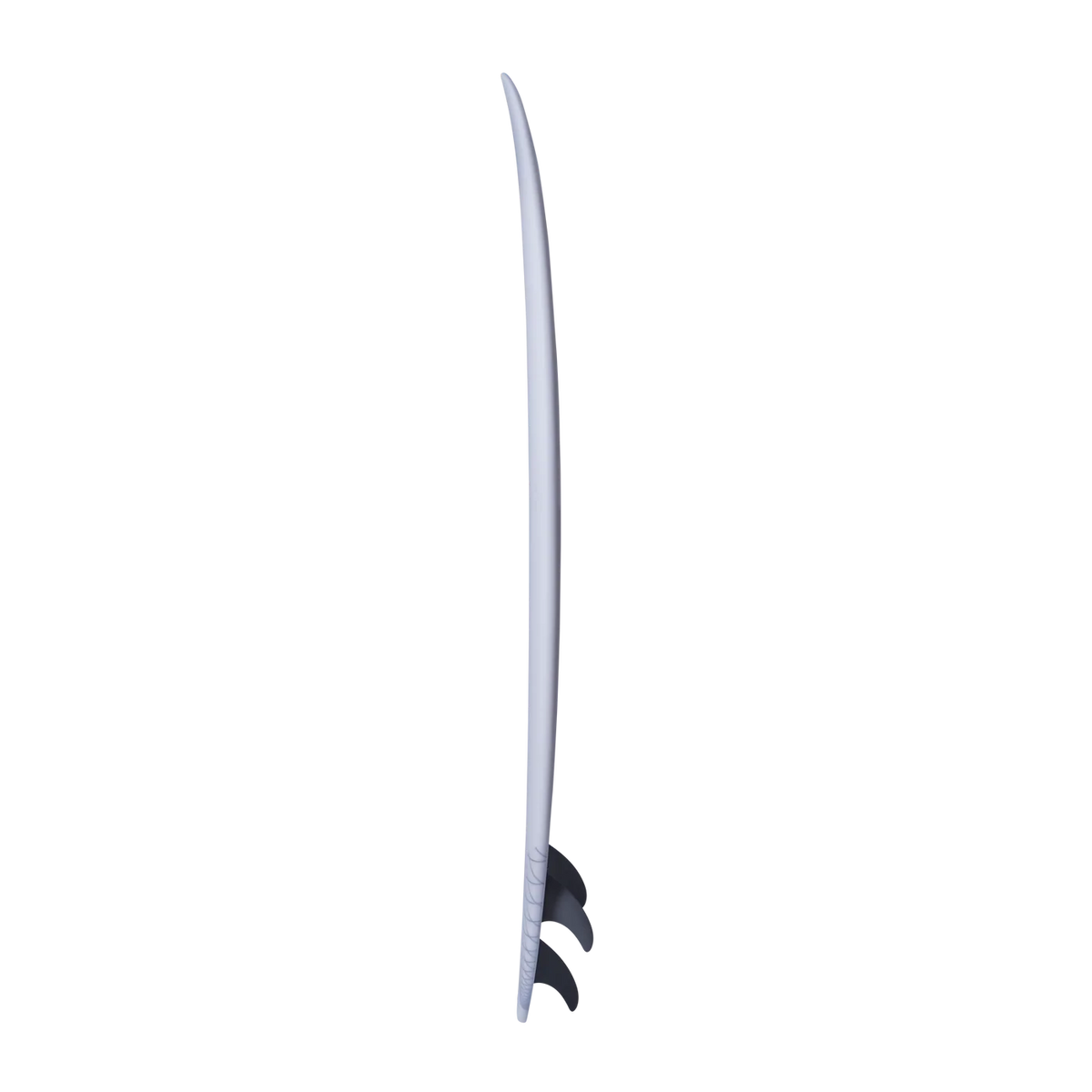 A long, narrow white surfboard shown upright against a plain white background, with dark gray to black fin shapes visible near the tail.