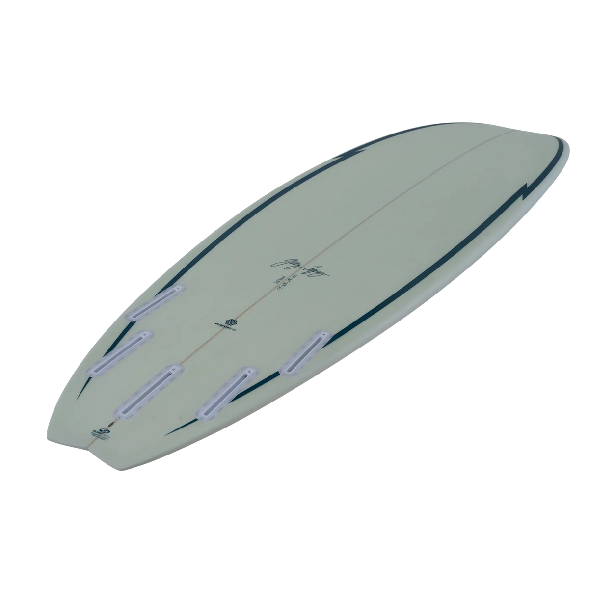 Bottom side profile of a 7'0 surfboard on a white background.