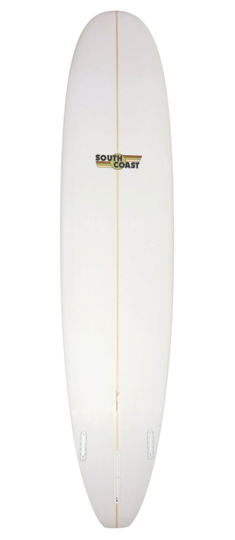 White mini Longboard with bass stringer and South Coast Brown Flag logo
