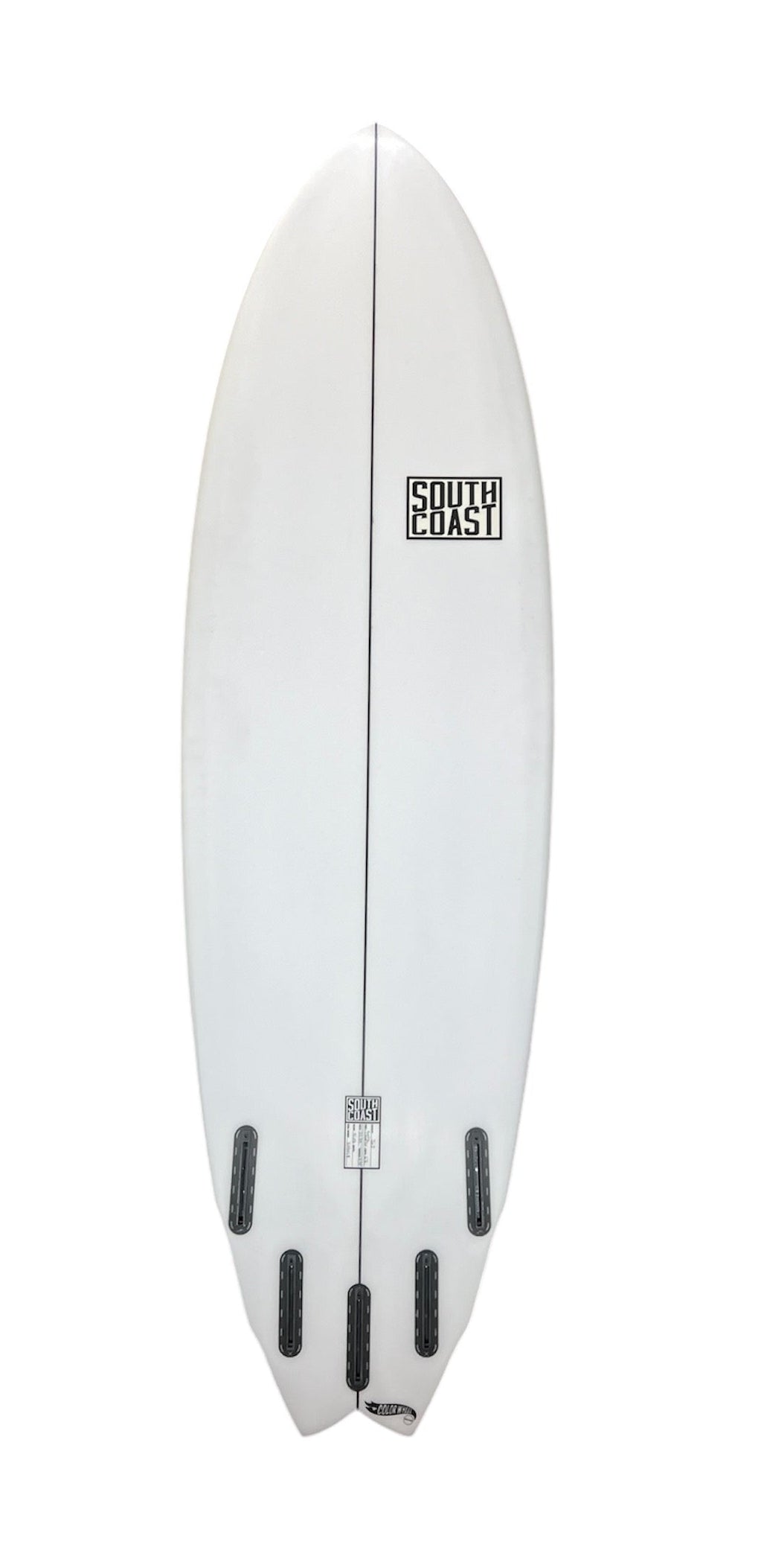 White 6'8" surfboard with black fin boxes and three fin set at the tail