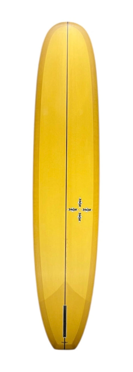 Yellow long surfboard with single fin box, centered view