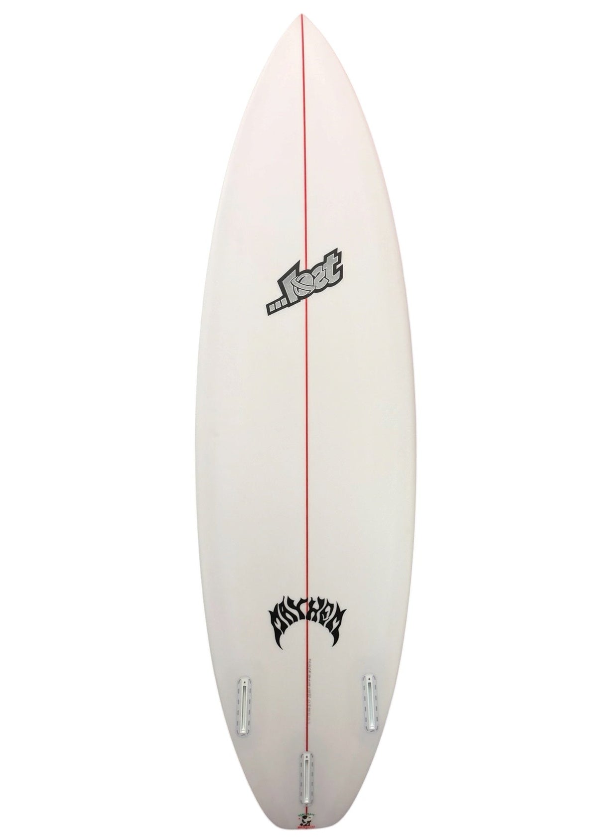 Bottom of a white lost surfboard.