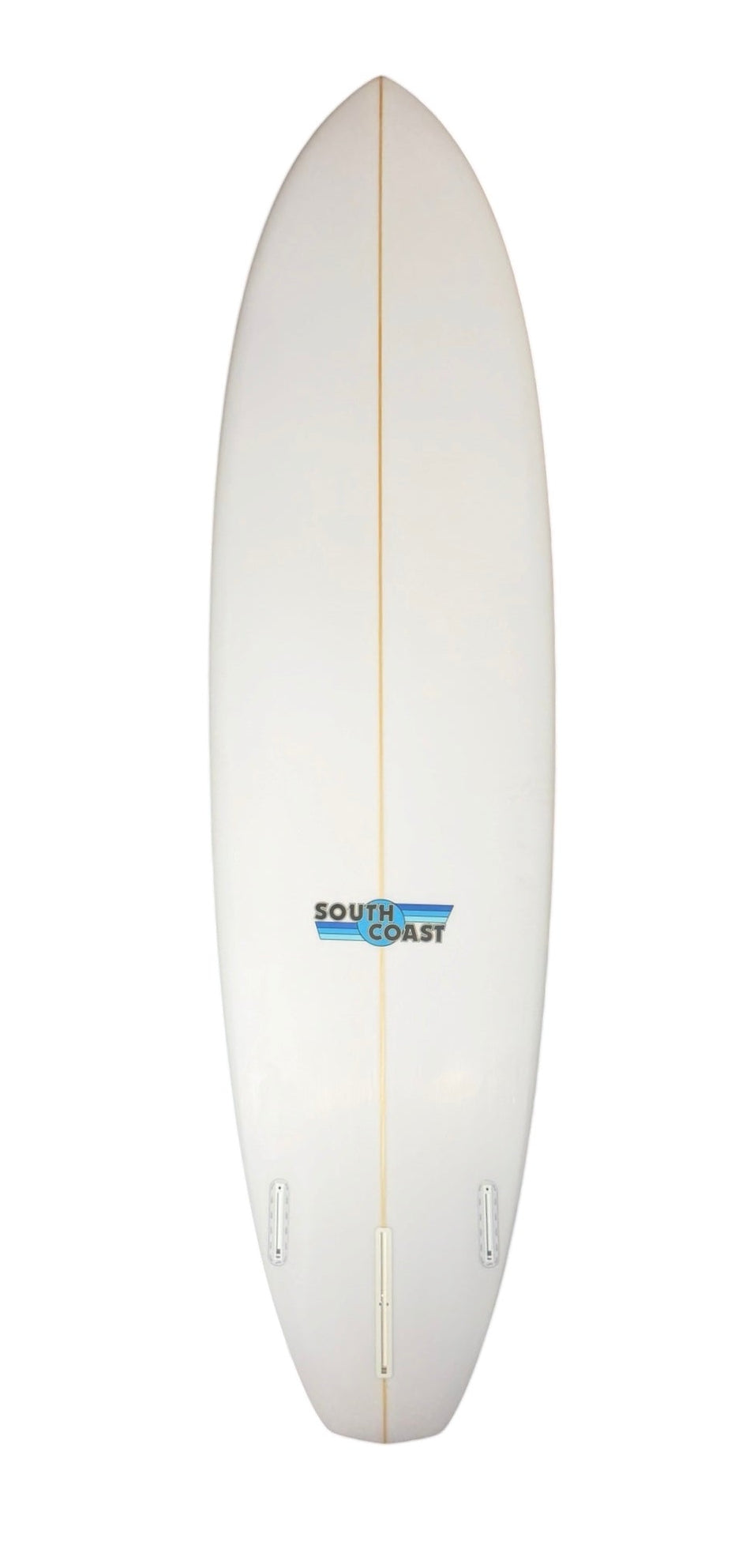 White surfboard with South Coast logo and long center seam line