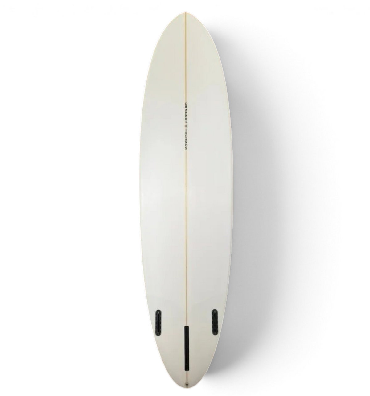 Bottom of white Channel Islands surfboard with three fin plugs.