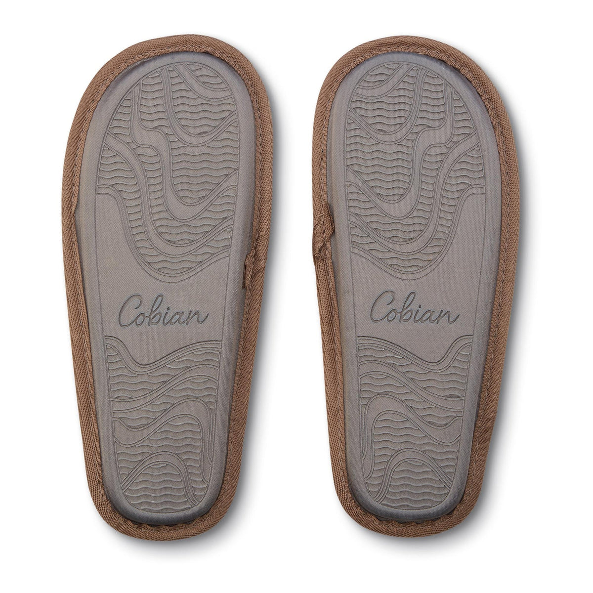Cobian Colima Mule slippers in Tan featuring gray textured outsoles with wave-pattern traction grooves and Cobian branding.