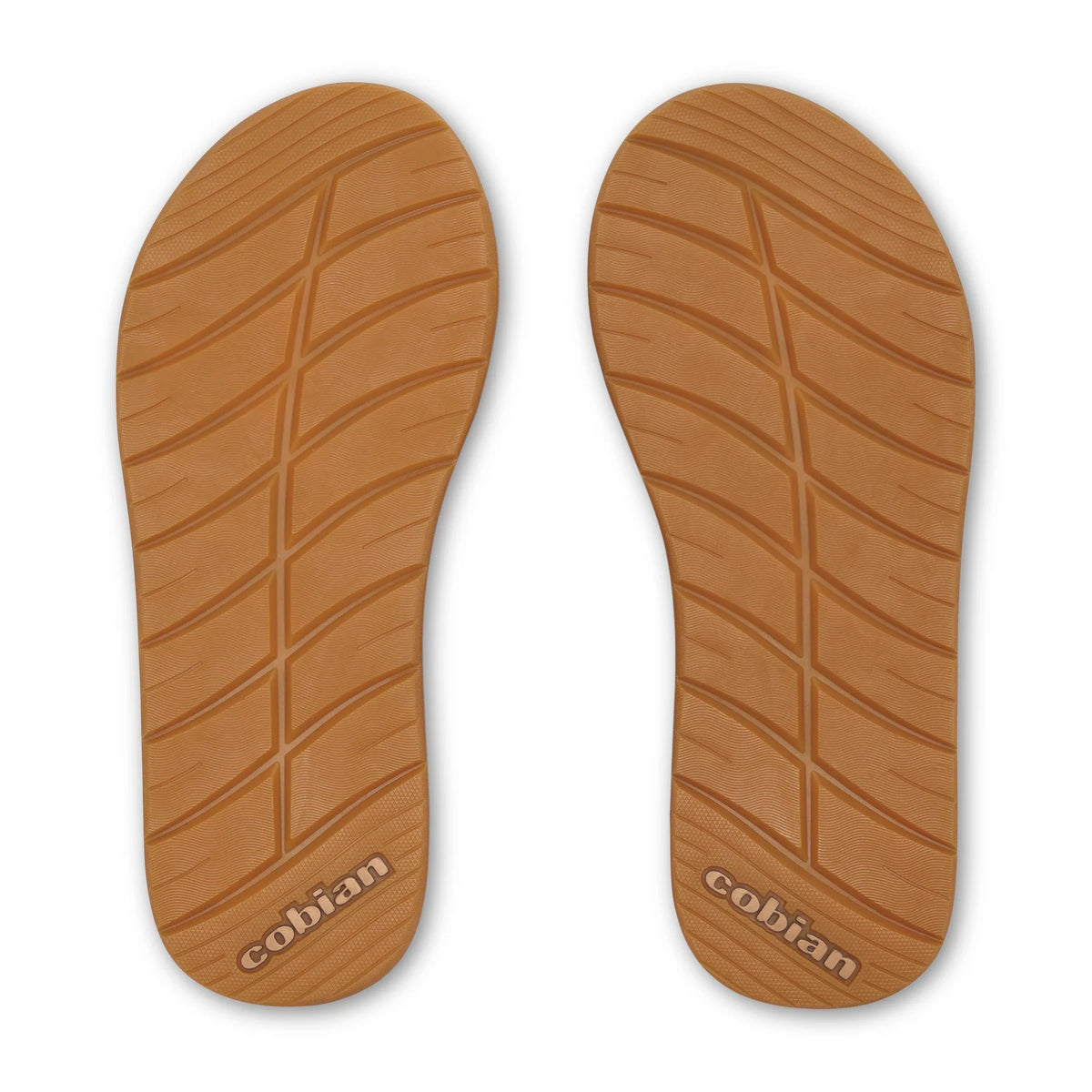 Cobian Draino 3 Midnight Flip Flops bottom view featuring tan rubber outsoles with diagonal traction grooves and Cobian branding at the heels