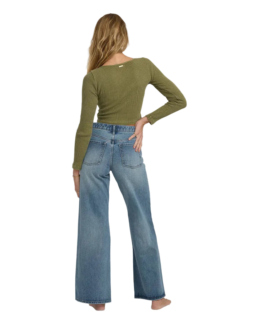 Billabong Women's Free Fall High-Waist Denim Flare Pants Atlantic Deep