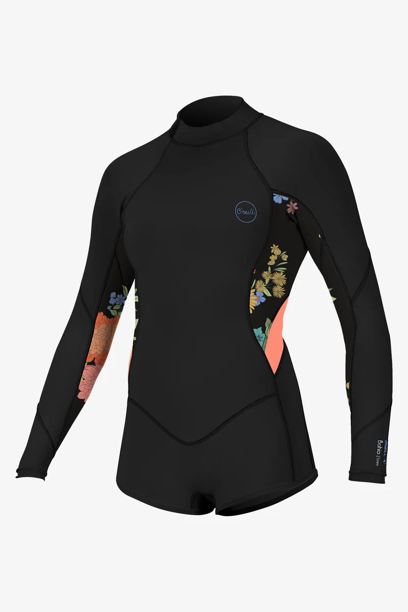 O'Neill Girl's 2/1mm Bahia Back Zip L/S Springsuit Black Flower