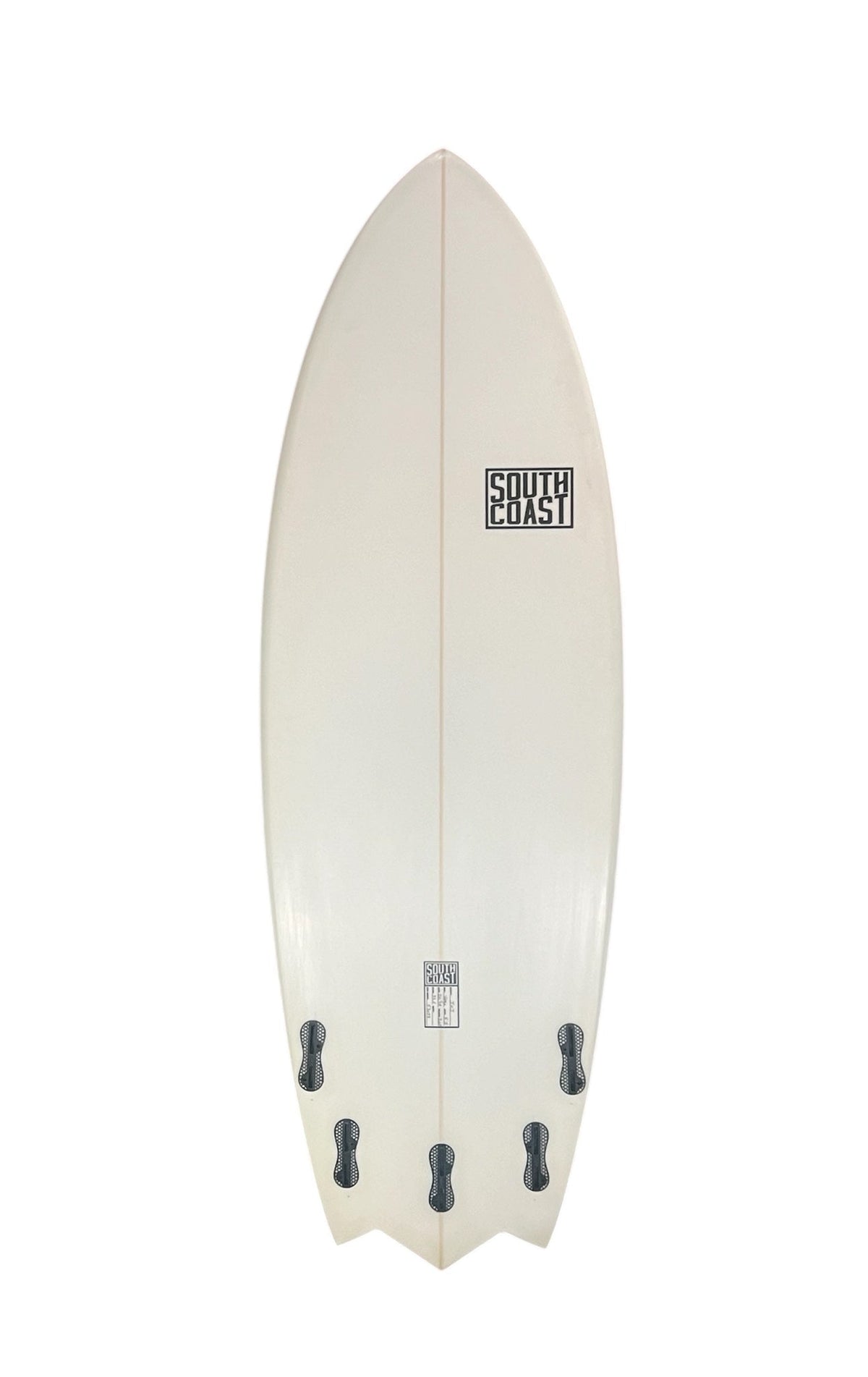 Light cream surfboard with South Coast logo and four fins on bottom
