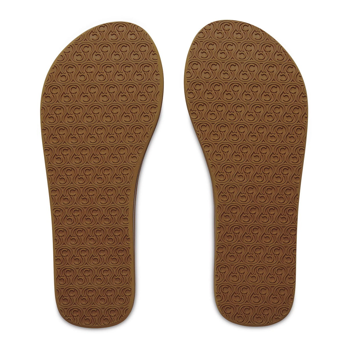 Bottom view of Cobian Kaia Flip Flops in Mocha showing tan rubber outsoles with an allover textured traction pattern.