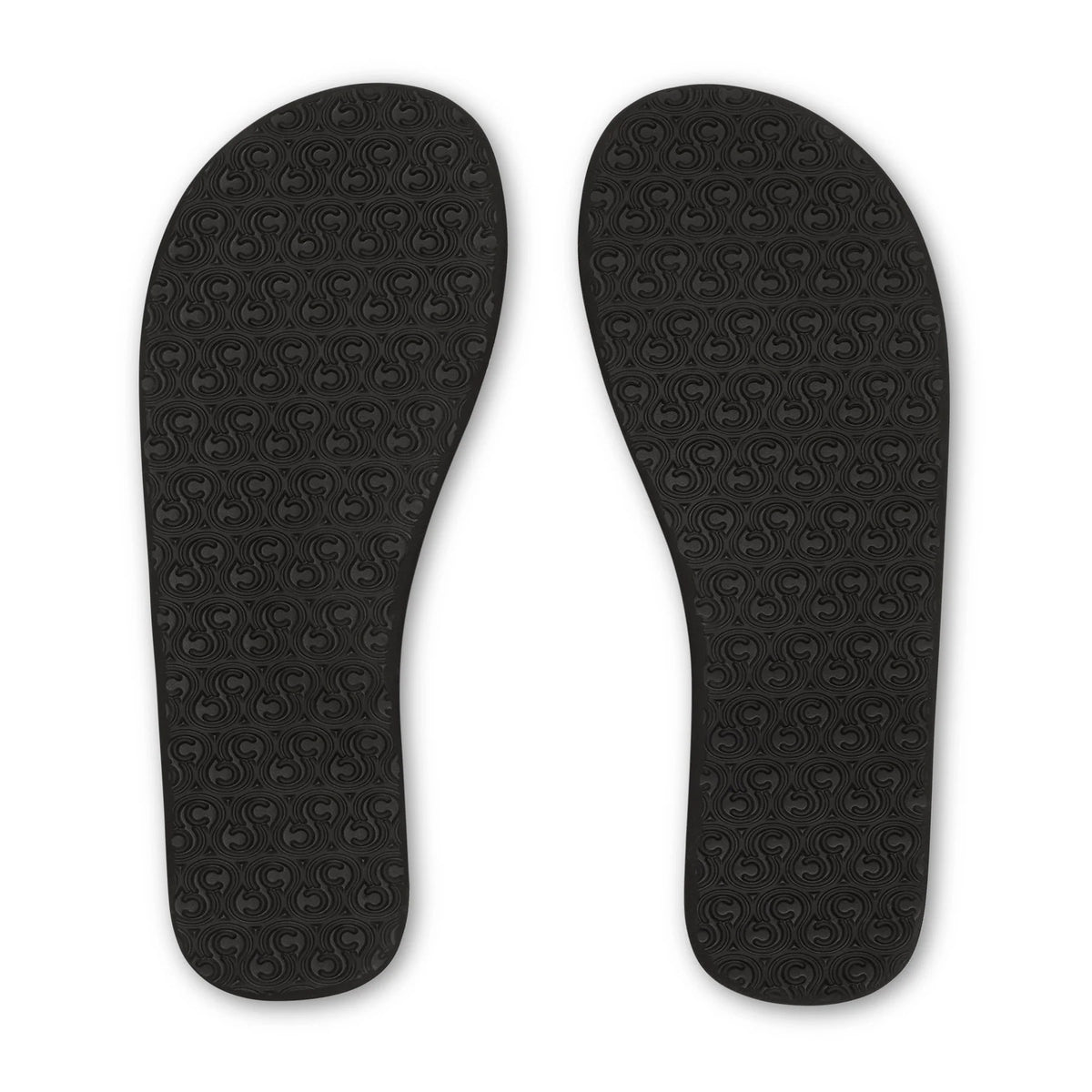 Cobian Nias Bounce 2 black flip flops featuring textured rubber outsoles with a repeating Cobian logo traction pattern.