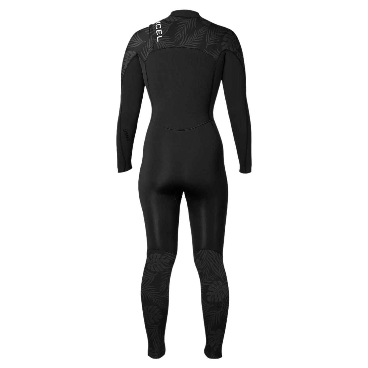 Xcel Women's 3/2mm Comp Chest Zip Full Wetsuit Black W/Palm-Monstera Print