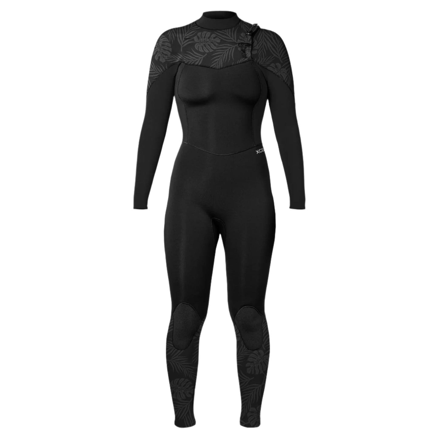 Xcel Women's 3/2mm Comp Chest Zip Full Wetsuit Black W/Palm-Monstera Print