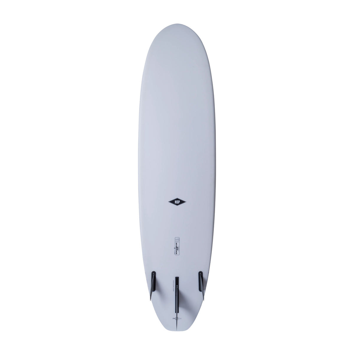 Bottom of white surfboard with small NSP logo.