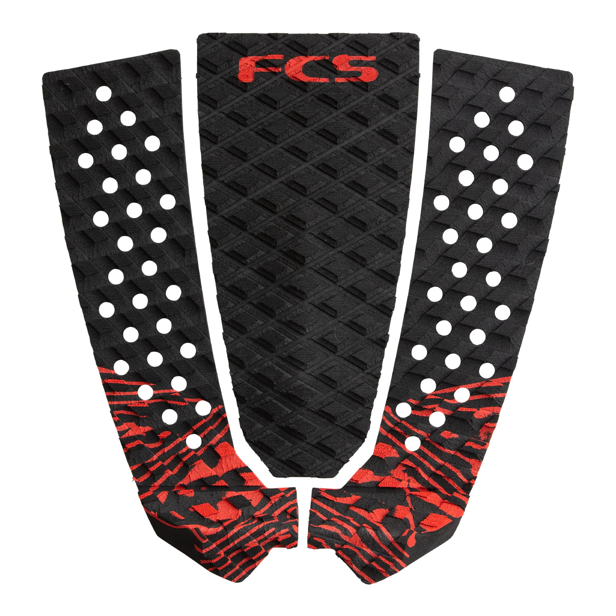 Surfboard traction pad, black with white dot grip and red FCS logo, red accents at base