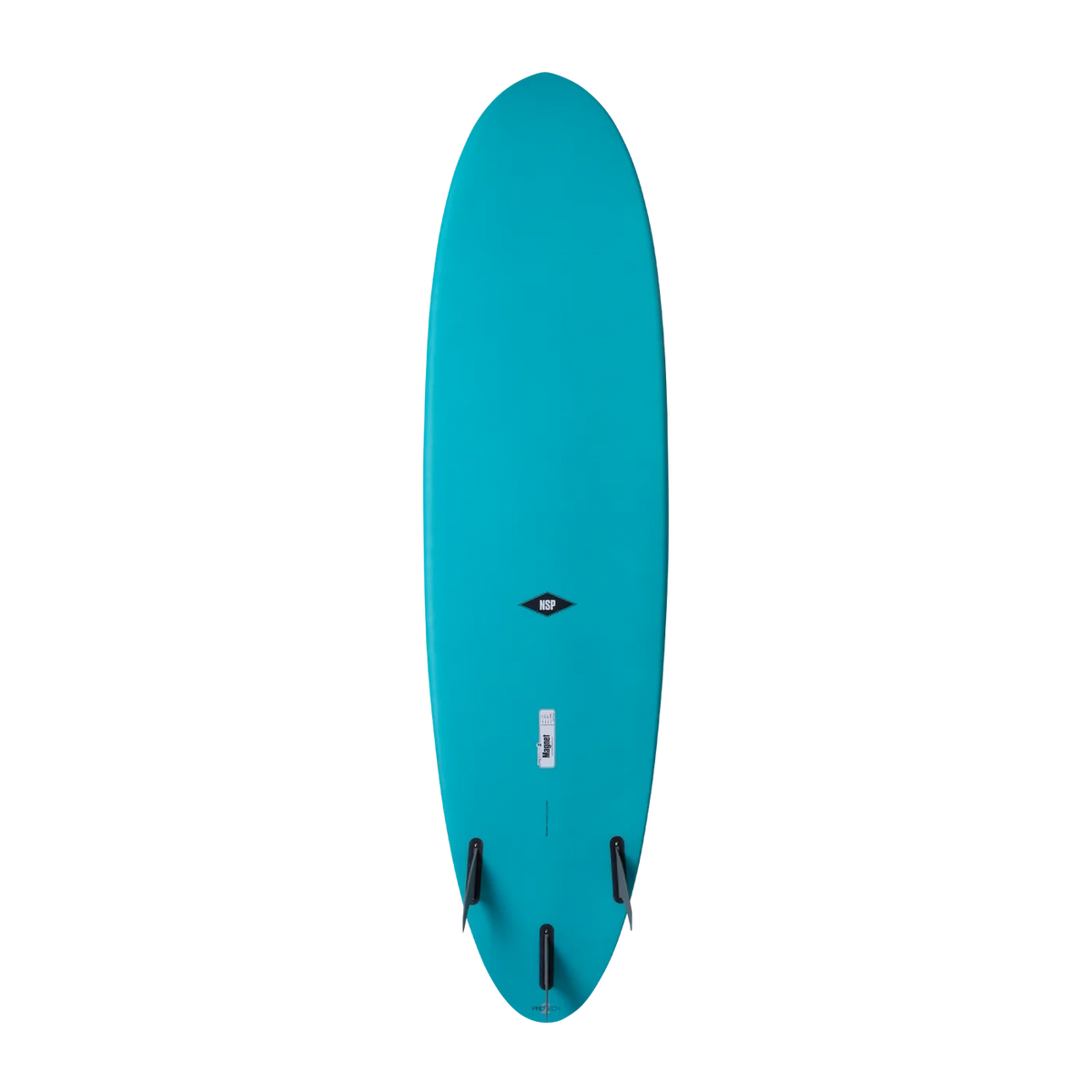 Blue surfboard with three fins. 