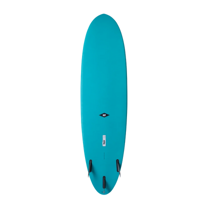 Blue surfboard with three fins. 