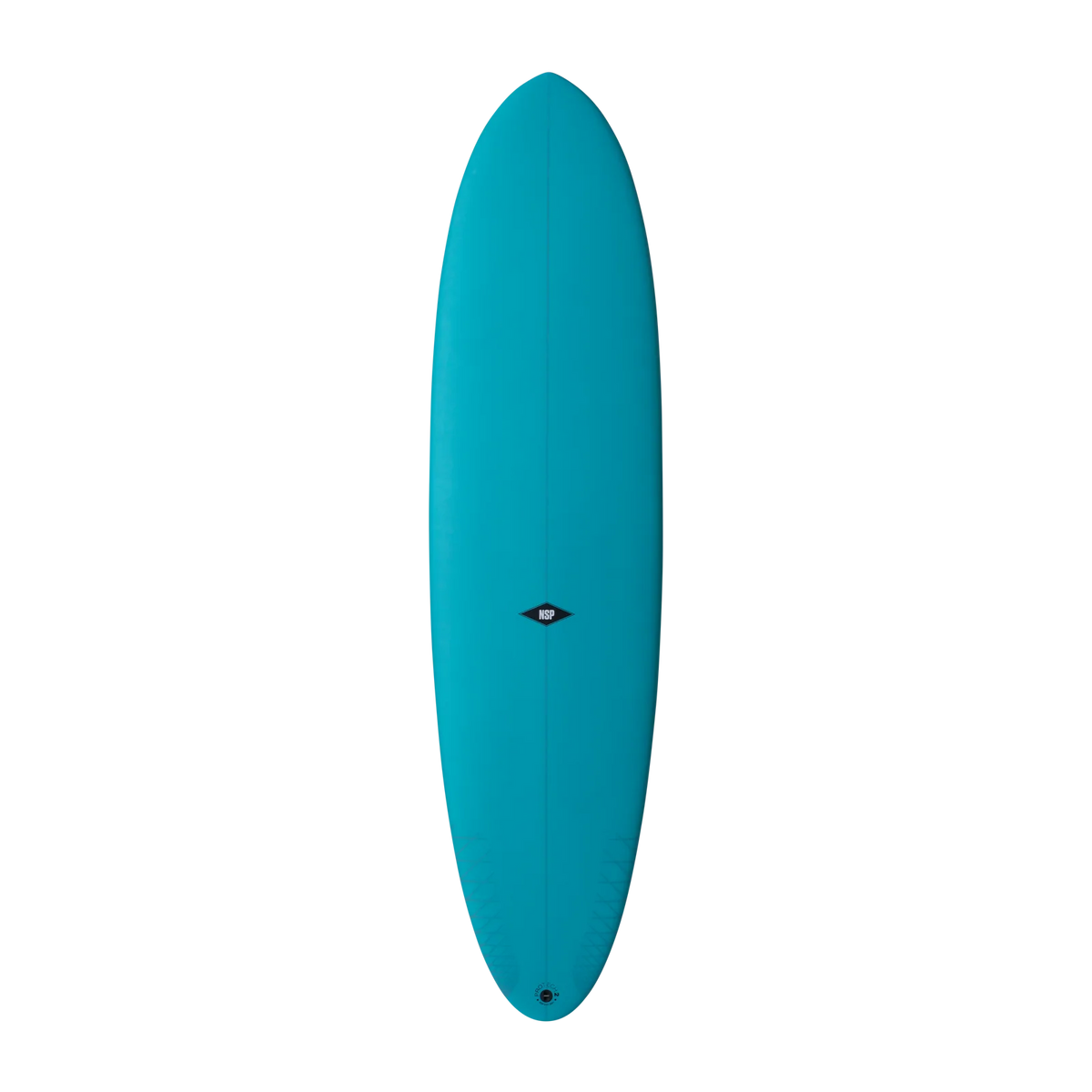 Blue midlength surfboard on a white background. 