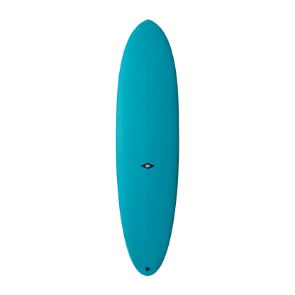 Blue midlength surfboard on a white background. 