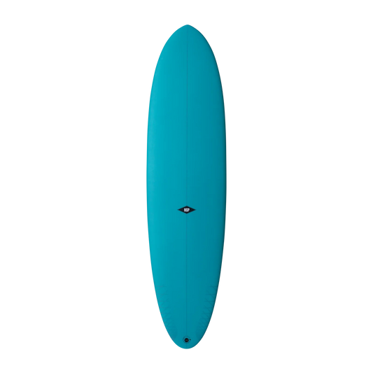 Blue midlength surfboard on a white background. 