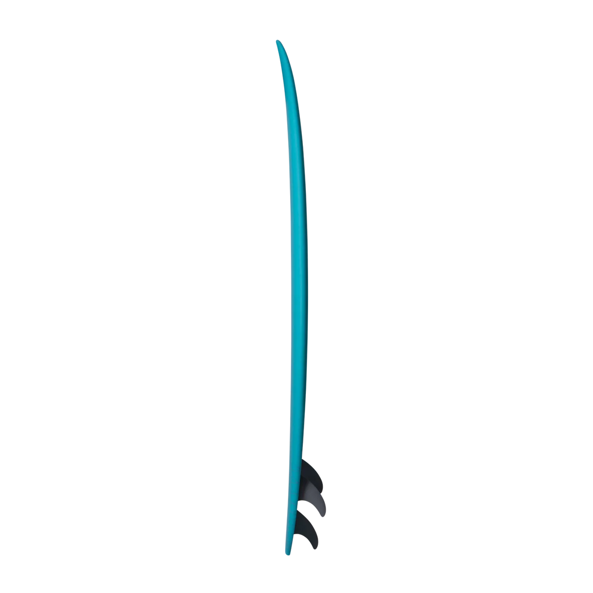 A turquoise blue surfboard shown from the side profile against a solid white background.