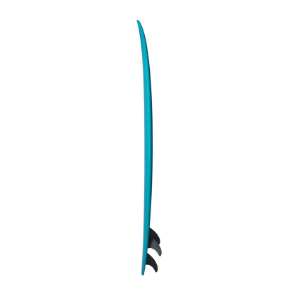 A turquoise blue surfboard shown from the side profile against a solid white background.