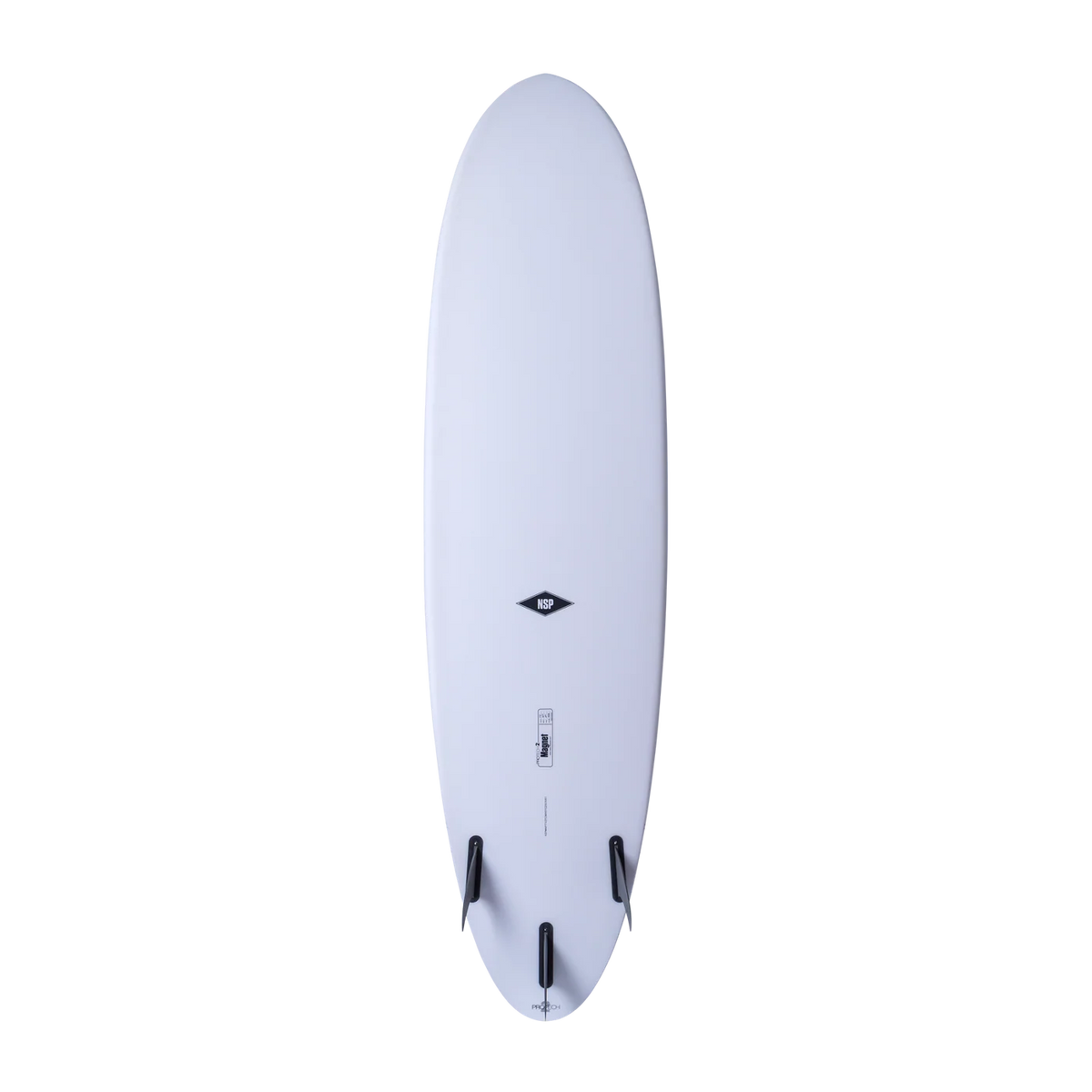 A white surfboard shown from the bottom side, featuring a black diamond logo in the center and three black fins at the tail, set against a solid white background.
