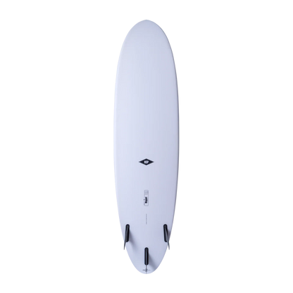 A white surfboard shown from the bottom side, featuring a black diamond logo in the center and three black fins at the tail, set against a solid white background.