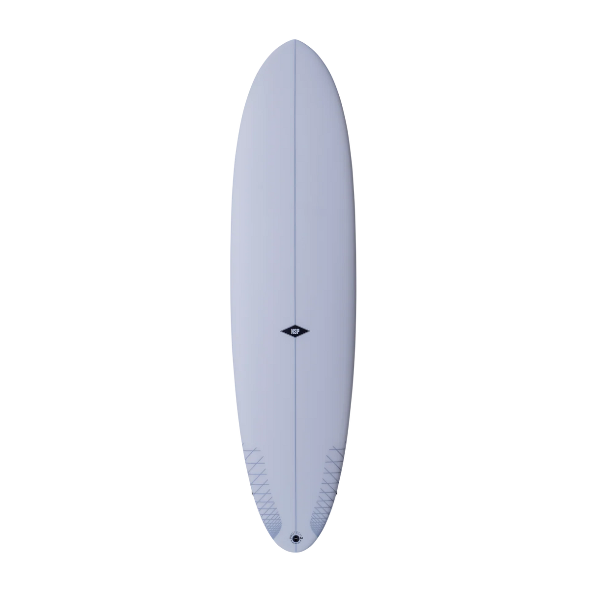 A light blue-gray surfboard shown from the top deck view against a solid white background. 