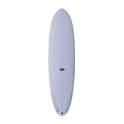 A light blue-gray surfboard shown from the top deck view against a solid white background. 