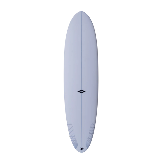 A light blue-gray surfboard shown from the top deck view against a solid white background. 