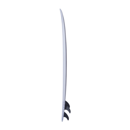 A long, narrow white surfboard shown upright against a plain white background, with dark gray to black fin shapes visible near the tail.