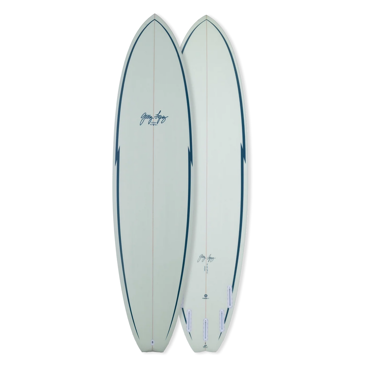 Front and back of a 7'0 surfboard on a white background.