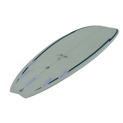 Bottom side profile of a 7'0 surfboard on a white background.