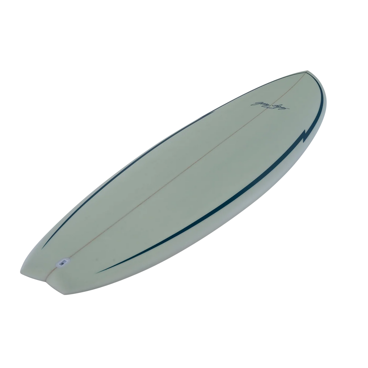 Top side profile of a 7'0 surfboard on a white background.