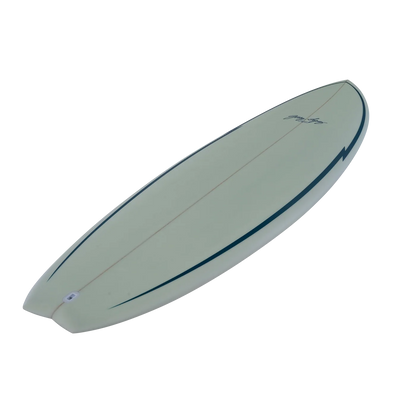 Top side profile of a 7'0 surfboard on a white background.