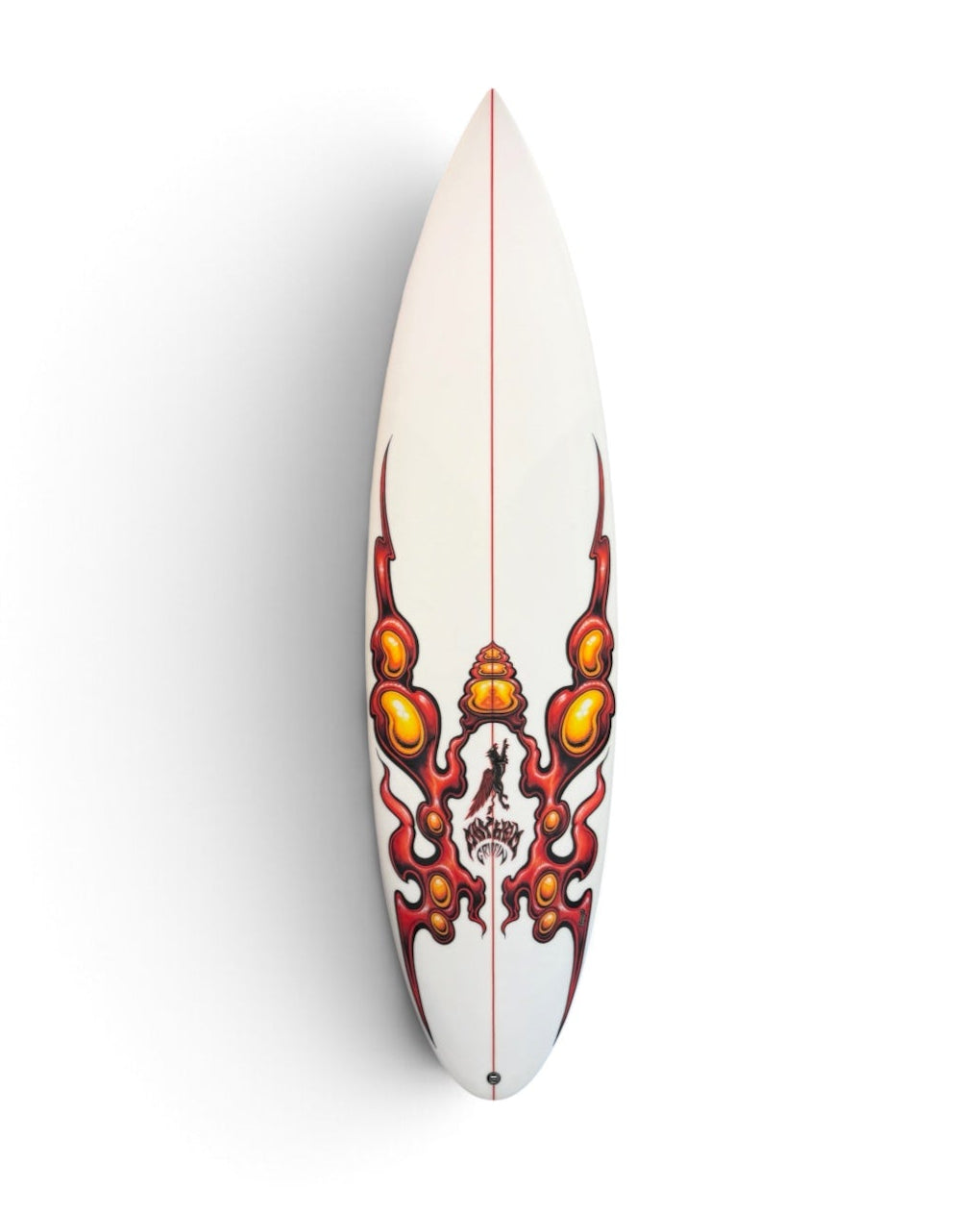 Lost surfboard with red design on the top of surfboard. 