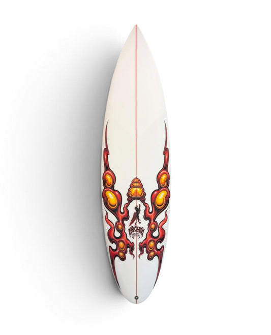 Lost surfboard with red design on the top of surfboard. 