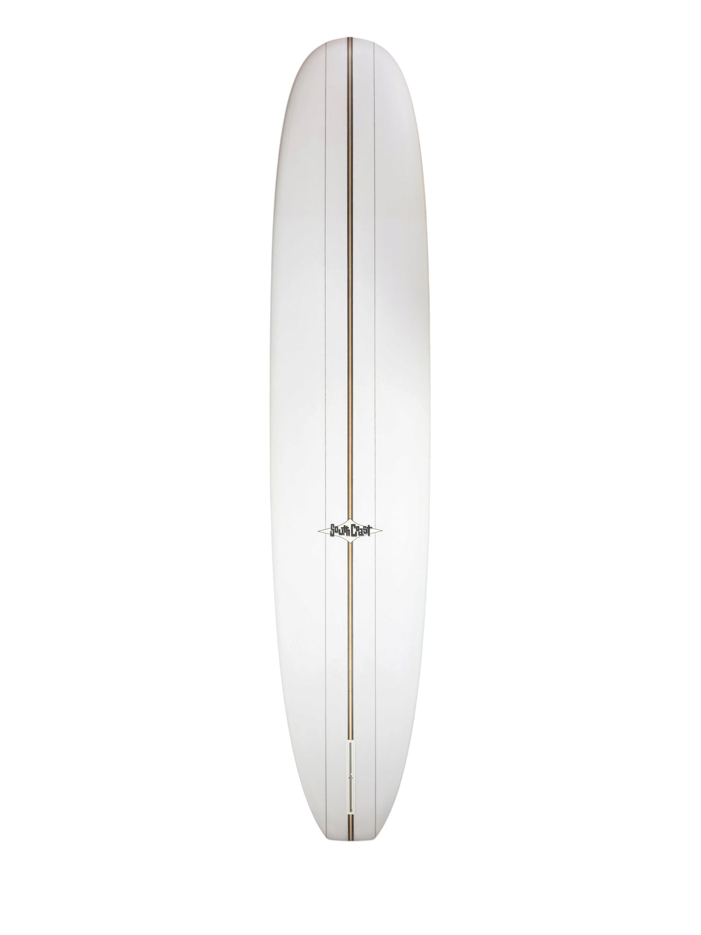 Bottom of White surfboard with the stringer going down the middle. Two lines going from top to bottom on bottom of board as well. One in middle of stringer and left and one in middle of stringer and right side of the surfboard.