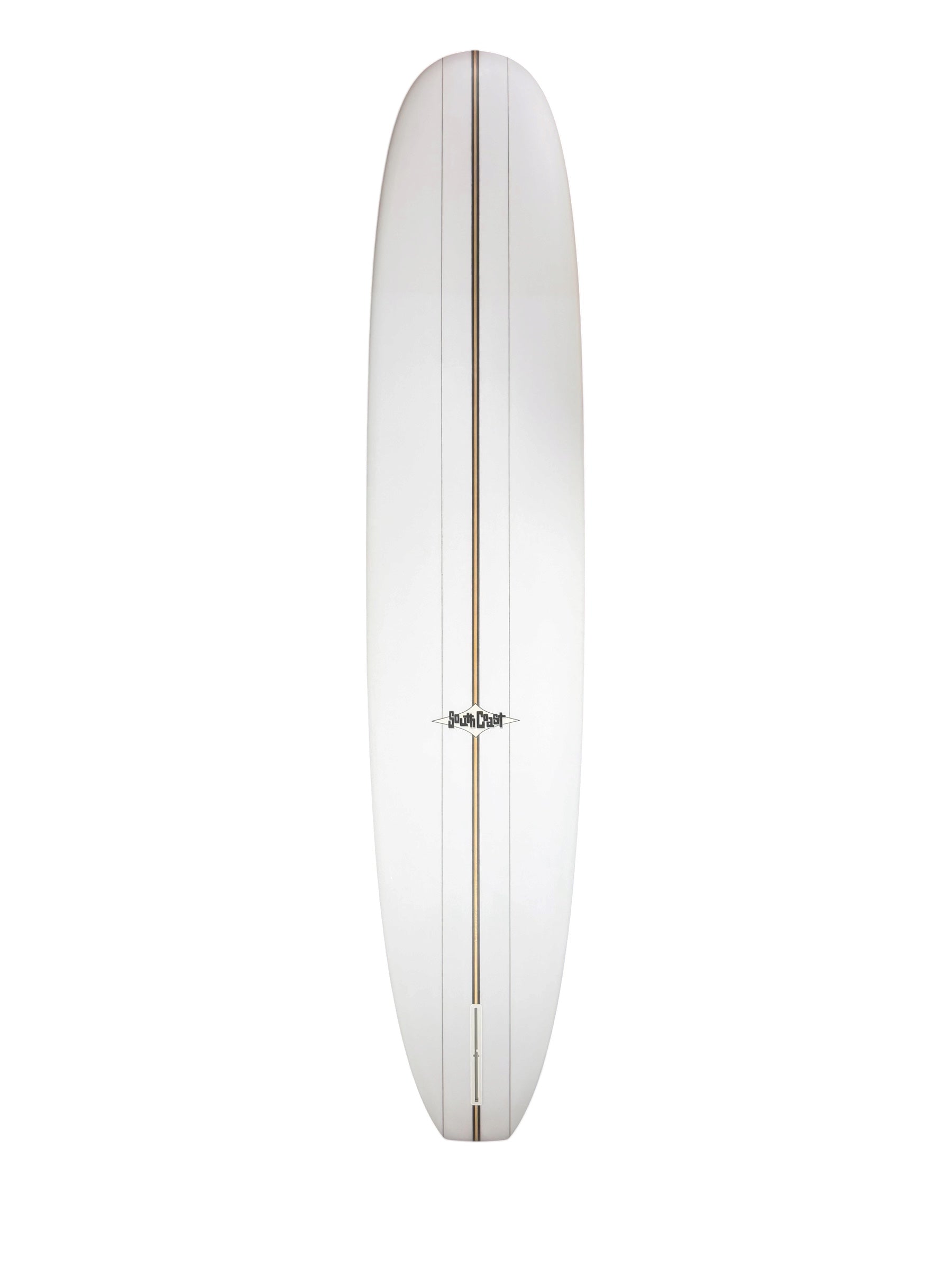 Bottom of White surfboard with the stringer going down the middle. Two lines going from top to bottom on bottom of board as well. One in middle of stringer and left and one in middle of stringer and right side of the surfboard.