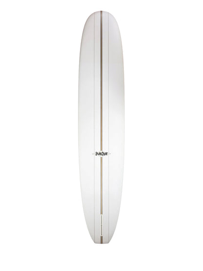 Bottom of White surfboard with the stringer going down the middle. Two lines going from top to bottom on bottom of board as well. One in middle of stringer and left and one in middle of stringer and right side of the surfboard.