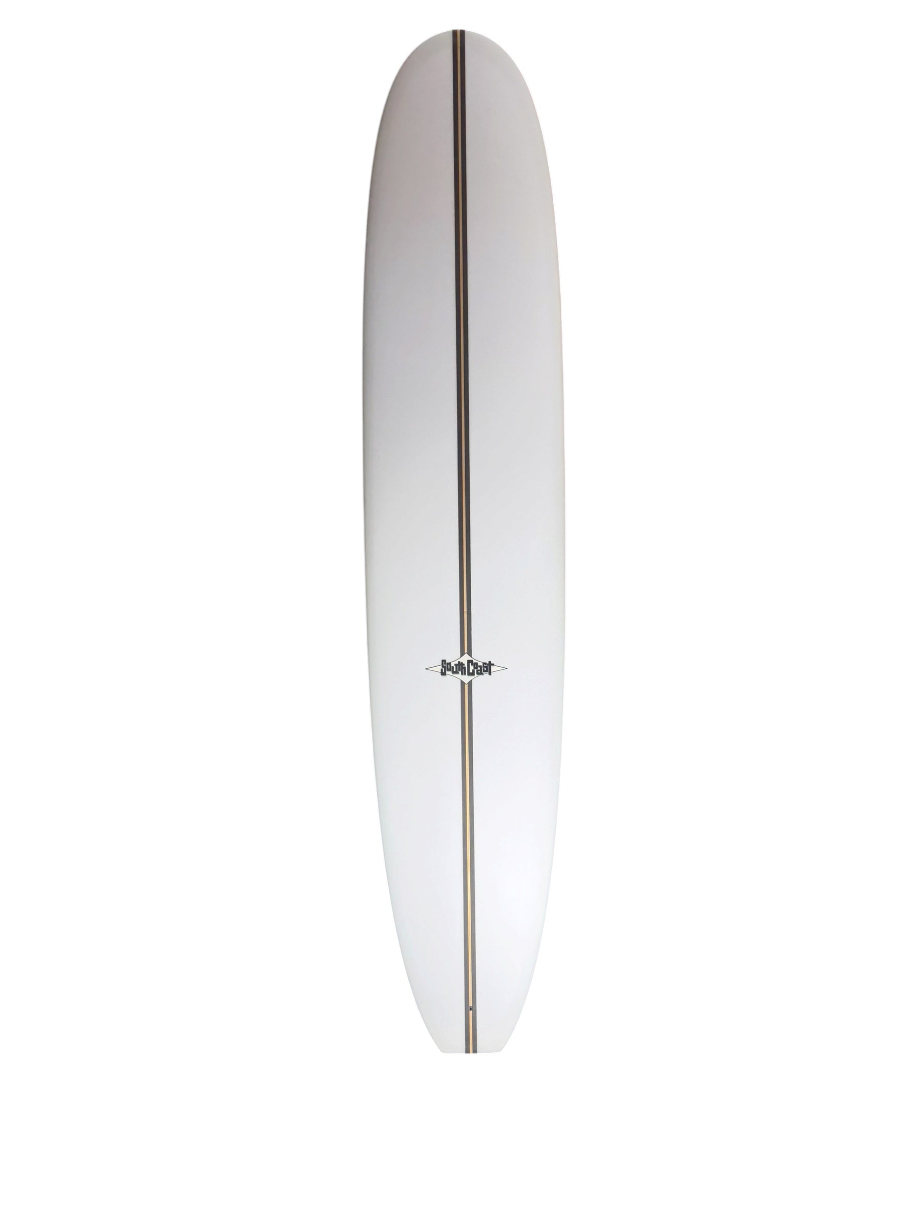 Top of White Surfbaord with black stringer going down the middle met with the South Coast Black and White Logo in the Bottom Center of the board.