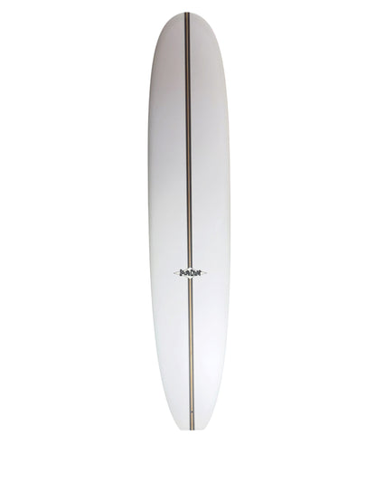Top of White Surfbaord with black stringer going down the middle met with the South Coast Black and White Logo in the Bottom Center of the board.