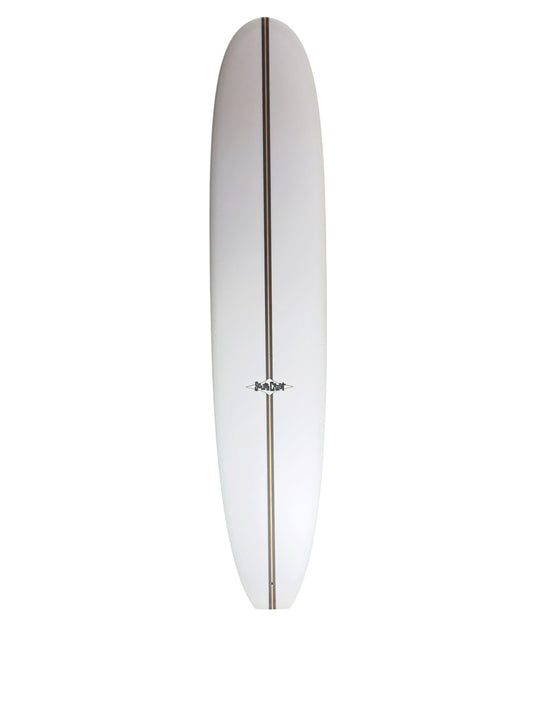 Top of White Surfbaord with black stringer going down the middle met with the South Coast Black and White Logo in the Bottom Center of the board.