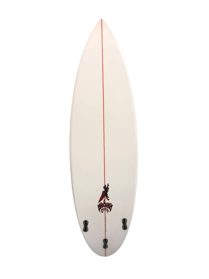 Bottom of a white Lost surfboard with a Griffin and Mayhem design. 