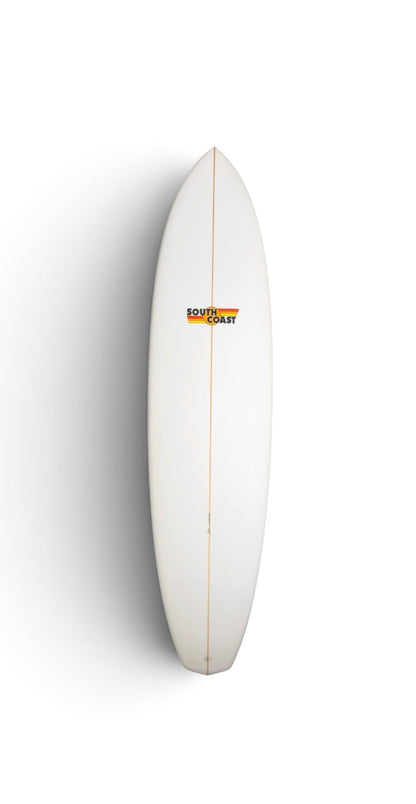 White board with Yellow and Orange South Coast logo center top of board.