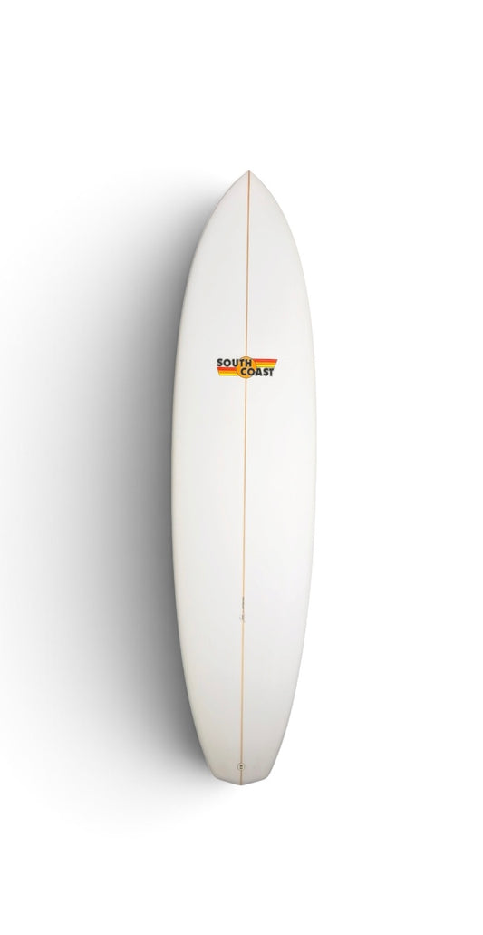 White board with Yellow and Orange South Coast logo center top of board.