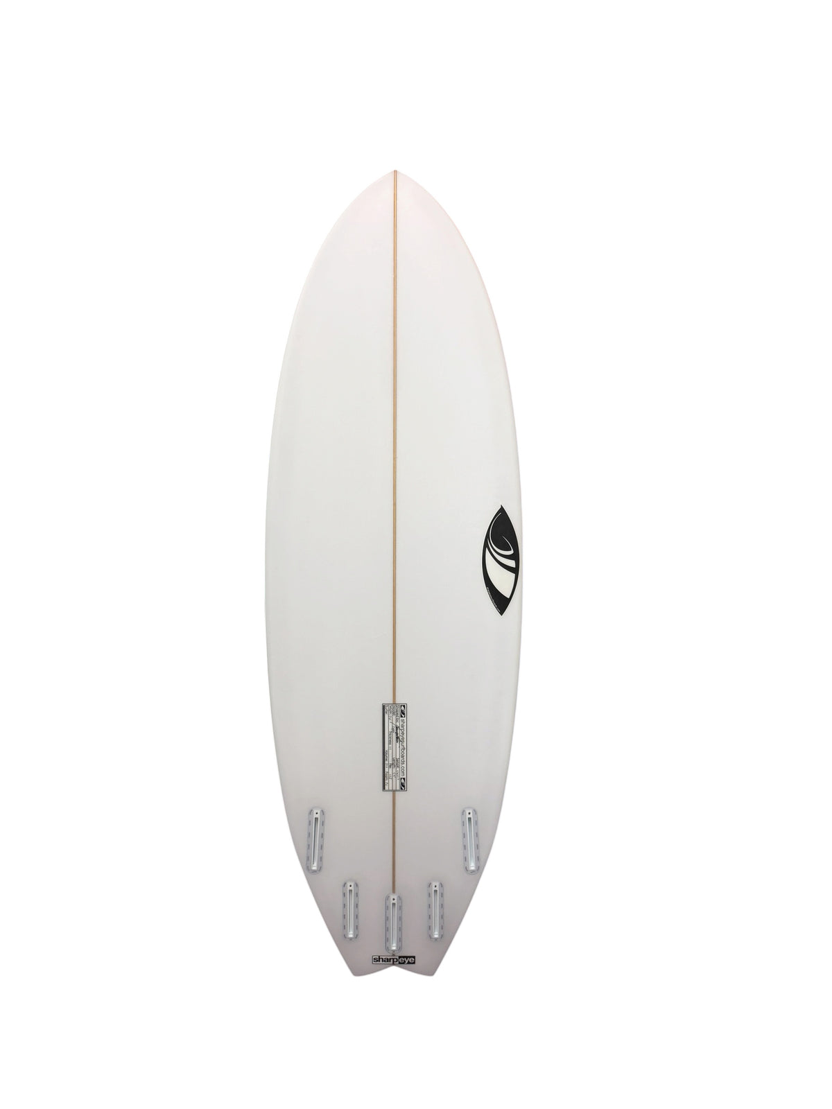 Bottom of white board with Dimensions sizing and volume in middle bottom of board. Sharp Eye Logo on the right side in middle of board as well. Five white future fin plugs as well as the gold stringer going from nose to tail in middle of board.