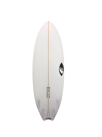 Bottom of white board with Dimensions sizing and volume in middle bottom of board. Sharp Eye Logo on the right side in middle of board as well. Five white future fin plugs as well as the gold stringer going from nose to tail in middle of board.