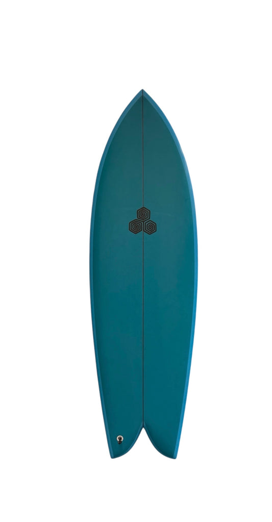 Top of Green board with blue rails. Channel islands black logo center top of board. Leash slot bottom left on tail.